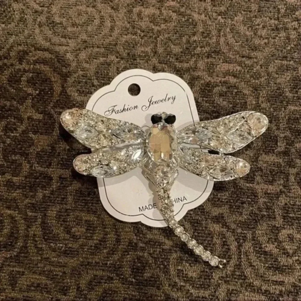 Dragonfly silver crystal rhinestone brooch